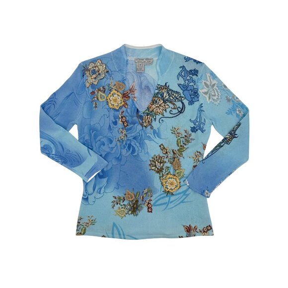 Vtg Alberto Makali Embroidered Floral Beaded Sequin Blue Knit Top M | Boho Indie - Picture 9 of 16